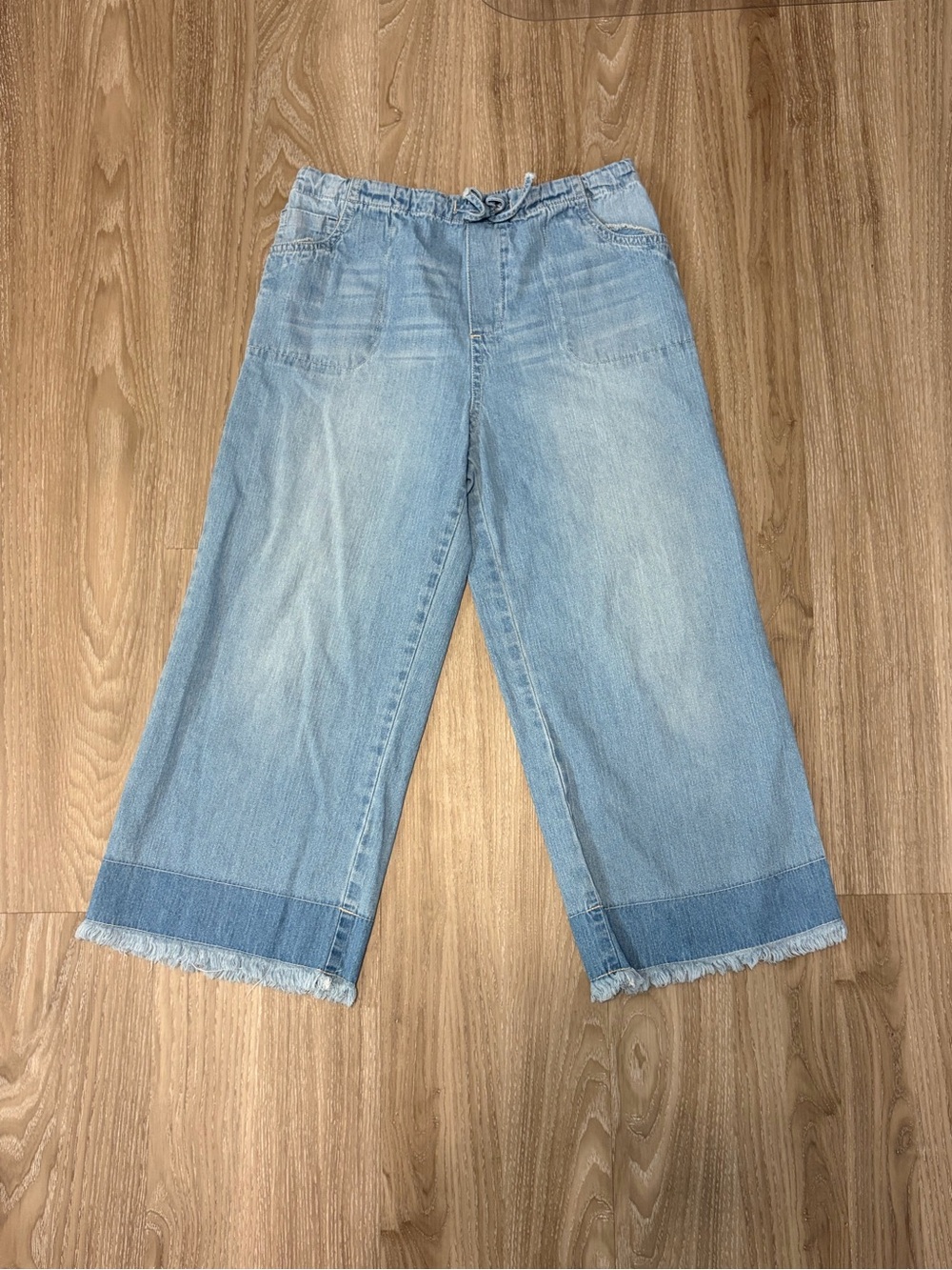 kidpik Light Blue Wide Leg Denim Jeans with Frayed Hem & Elastic Waist - Size 12